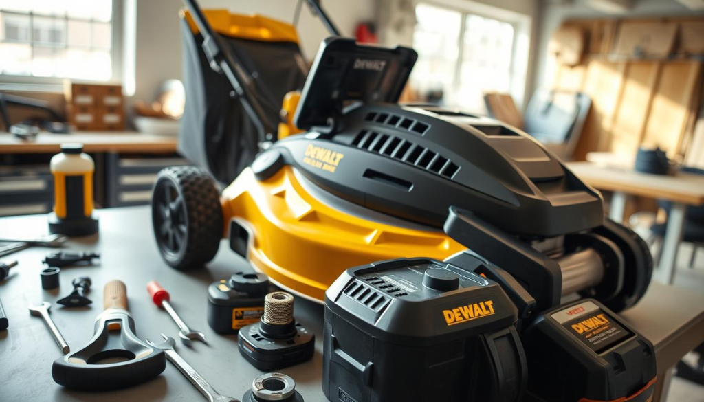 A well-lit, high-angle view of a DEWALT 60V cordless lawn mower undergoing maintenance on a clean, organized workbench. In the foreground, various DEWALT tools and accessories are neatly arranged, including screwdrivers, wrenches, and a lubricant bottle. The mower's body is positioned prominently, with its battery compartment open, revealing the internal components. The middle ground showcases the mower's sleek, modern design, with the DEWALT logo clearly visible. The background depicts a bright, airy workshop environment, with natural light streaming in from large windows, creating a sense of productivity and attention to detail.