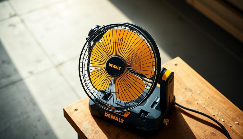 A well-lit, high-angle view of a DEWALT cordless jobsite fan placed on a workbench or table, showcasing its key features. The fan's sleek, black and yellow design stands out against the neutral-toned background. Soft shadows suggest directional lighting, creating depth and dimensionality. The fan's adjustable angle and oscillation capabilities are evident, inviting the viewer to imagine how it could be positioned to provide cooling relief on an active construction site. The overall scene conveys a sense of practical utility and the versatility of this essential DEWALT power tool accessory.
