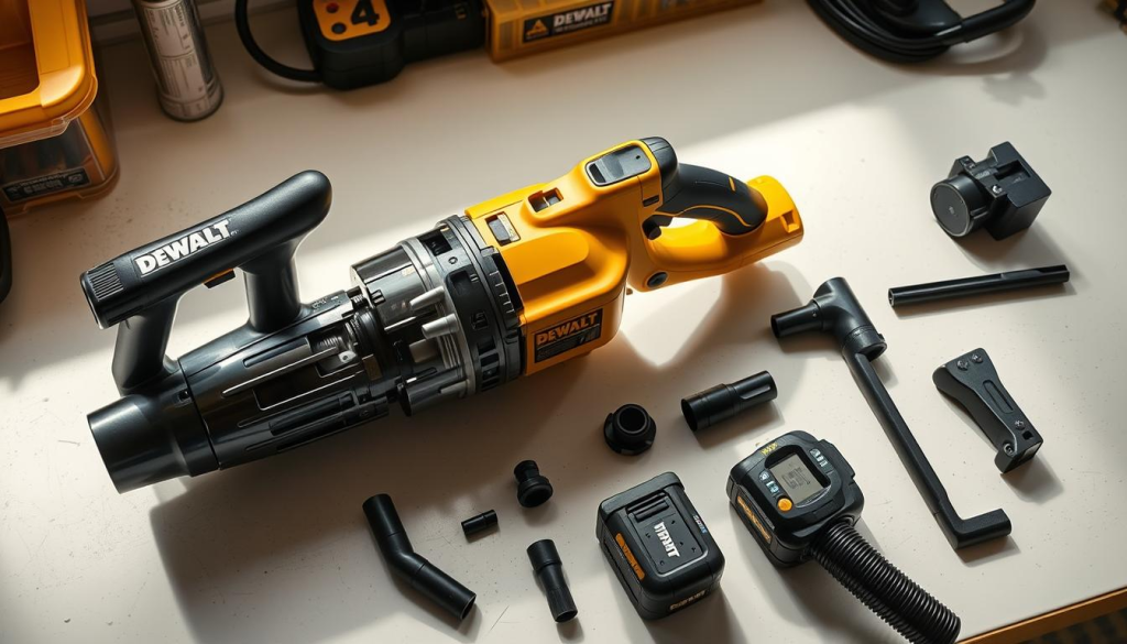A well-lit, high-angle view of a DEWALT cordless vacuum cleaner on a clean, organized workbench. The vacuum is disassembled, with its components neatly arranged, showcasing the inner workings and maintenance steps. Soft shadows and diffused lighting create a professional, instructional atmosphere. The scene emphasizes the importance of proper maintenance for optimal performance, inviting the viewer to learn and engage with the process.