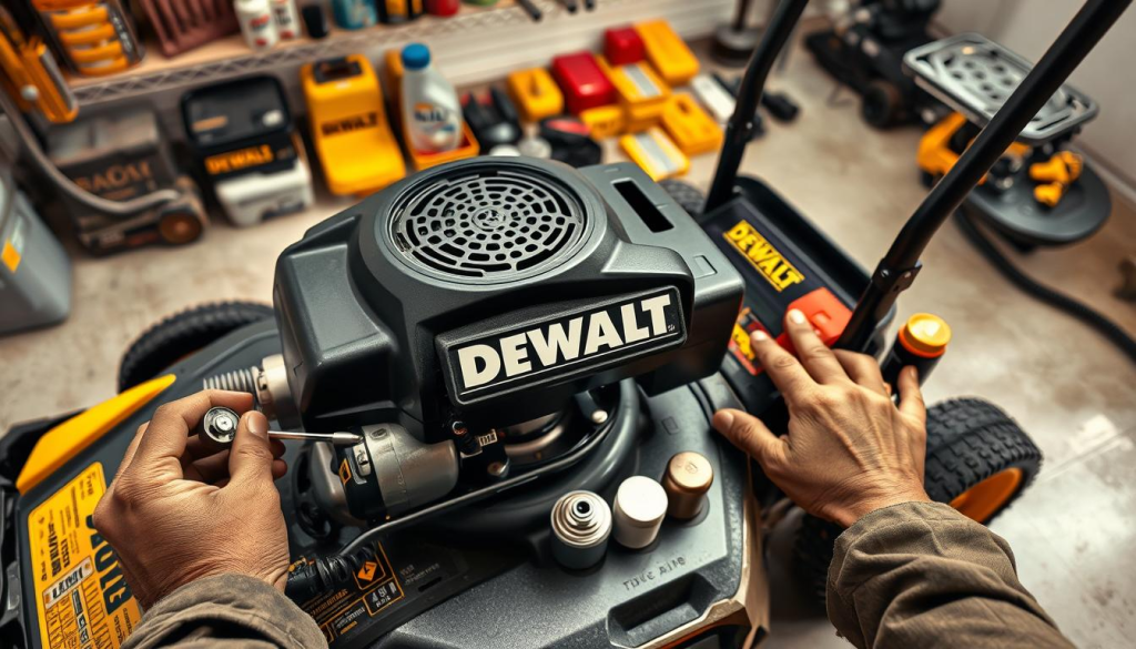 A well-lit, high-angle view of a DEWALT lawn mower undergoing maintenance. In the foreground, a mechanic's hands are shown closely inspecting the mower's engine, utilizing professional tools like wrenches and screwdrivers. The mower's exterior is showcased in rich, detailed textures, with the DEWALT logo prominently displayed. The middle ground features an array of maintenance supplies, including oil cans, air filters, and spark plugs, neatly organized on a workbench. The background depicts a clean, organized workshop environment, with shelves of tools and equipment visible, conveying a sense of professionalism and expertise. The overall scene exudes a mood of careful attention to detail and a commitment to maintaining the performance and longevity of the DEWALT lawn mower.
