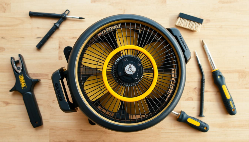 A well-lit, high-angle view of a DEWALT portable fan being serviced on a clean, wooden workbench. The fan is disassembled, exposing its inner components like the motor, blades, and protective grille. Various DEWALT maintenance tools, such as screwdrivers and a brush, are arranged neatly around the fan. The scene conveys a sense of attentive care and diligence, reflecting the importance of proper maintenance for ensuring the longevity of this versatile cooling device.