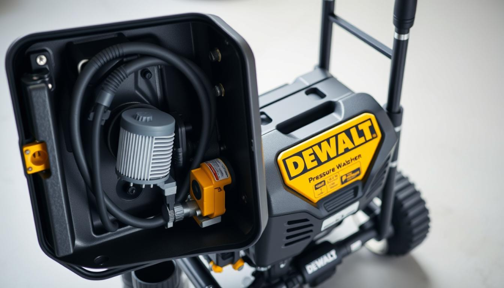 A well-lit, high-angle view of a DEWALT pressure washer undergoing routine maintenance. The foreground shows the open side panel, revealing the inner workings - hoses, filters, and components neatly arranged. The middle ground showcases the pressure washer's sleek, industrial design, with the DEWALT logo prominently displayed. The background is a clean, neutral space, allowing the machinery to be the focal point. The lighting is soft and directional, creating subtle shadows that accentuate the textural details. The overall mood is one of precision, care, and attention to detail, reflecting the importance of proper maintenance for the longevity of this powerful cleaning tool.