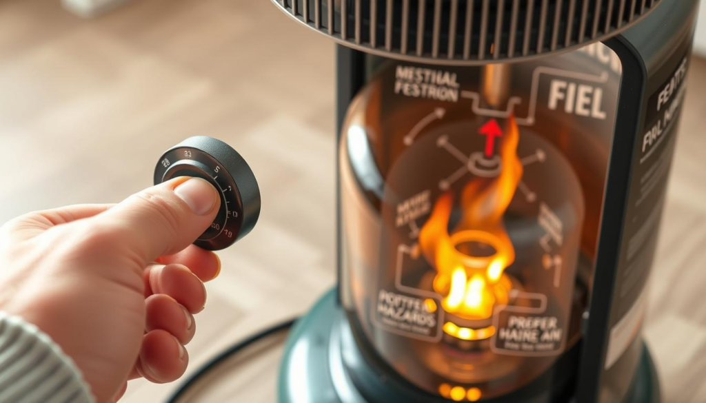 A well-lit, high-angle view of a kerosene heater showcasing essential safety features. In the foreground, a hand adjusts the thermostat knob, highlighting the importance of proper temperature control. The middle ground features a clear fuel tank, emphasizing the need for regular inspection and refilling. In the background, a detailed diagram depicts the heater's internal structure, outlining potential hazards and the importance of proper ventilation. The scene conveys a sense of caution and attention to detail, guiding the viewer towards safe and responsible kerosene heater operation.