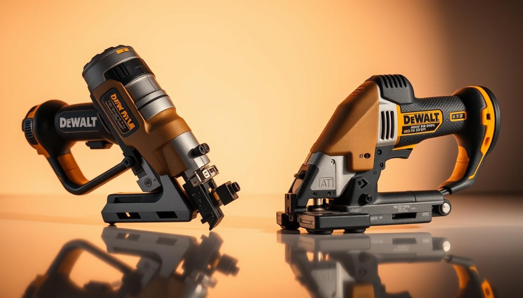 A well-lit, high-quality close-up comparison of two DEWALT nibbler power tools, showcasing their distinct designs and features. The nibblers are positioned side-by-side on a clean, reflective surface, casting sharp shadows. Warm, directional lighting highlights the textural details of the metal housings, while a shallow depth of field isolates the subjects against a subtly blurred, neutral background. The composition emphasizes the tools' ergonomic grips, trigger mechanisms, and cutting heads, inviting the viewer to appreciate the engineering and precision of these professional-grade metal cutting devices.