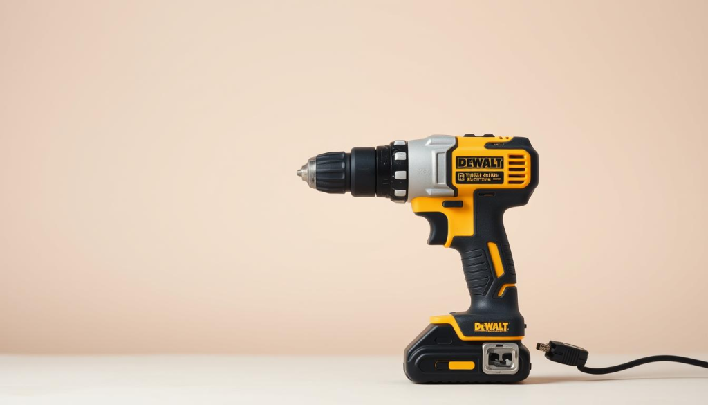 A well-lit, high-quality close-up photograph of a DEWALT 90 degree drill on a clean, neutral background. The drill is positioned at a 90 degree angle, showcasing its unique design and features. The foreground focuses on the drill's safety mechanisms, such as the trigger guard, power switch, and ergonomic handle. The middle ground highlights the drill's compact size and maneuverability, ideal for tight spaces. The background is softly blurred, maintaining the emphasis on the drill's safety and functionality. The overall mood is professional, informative, and inspires confidence in the tool's safe and efficient use.