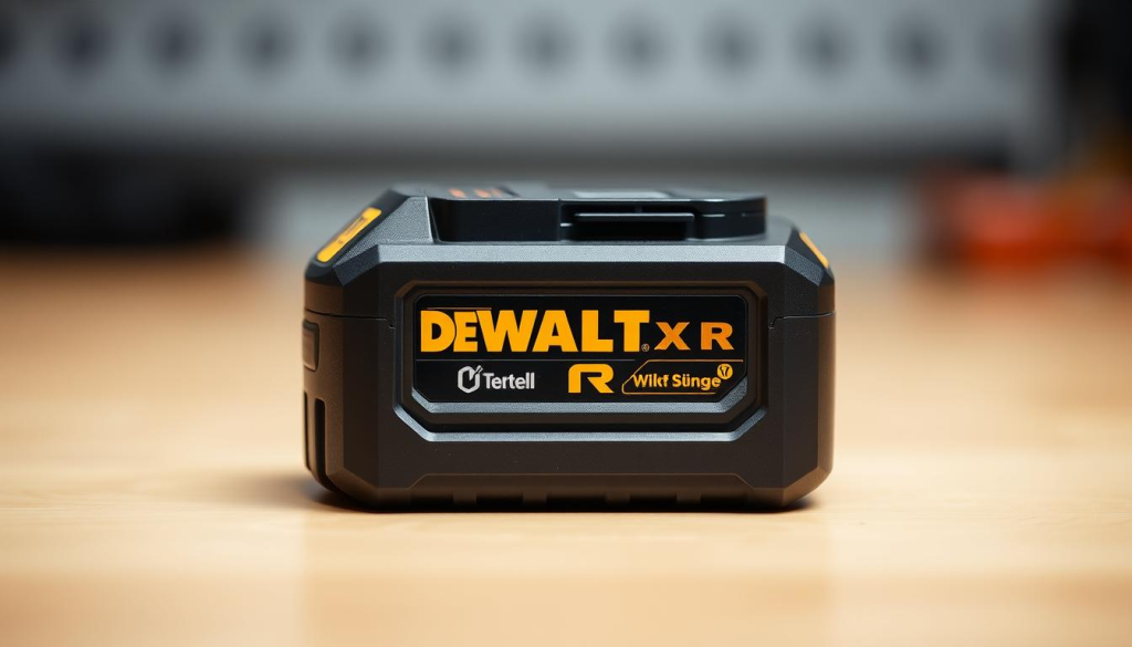 A well-lit, high-quality close-up photograph of a DEWALT XR battery pack, showcasing its sleek and durable design. The battery is positioned in the center of the frame, taking up a significant portion of the image. The background is softly blurred, drawing the viewer's attention to the battery. The lighting is evenly distributed, accentuating the battery's smooth surfaces and showcasing its intricate details. The image conveys a sense of power, reliability, and premium craftsmanship, reflecting the quality and performance of the DEWALT XR battery.