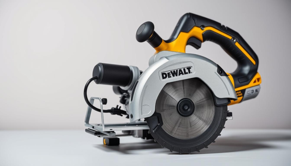 A well-lit, high-quality close-up photograph of a DEWALT metal cutting saw, showcasing its key features. The saw is placed on a clean, neutral-colored surface, with a subtle gradient background that enhances the depth and clarity of the image. The composition emphasizes the saw's rugged construction, precision blade, and ergonomic design. Subtle shadows and highlights accentuate the saw's contours, giving it a sense of depth and solidity. The image conveys the saw's power, durability, and ease of use, aligning with the "Effortless Precision Cutting" theme of the article.