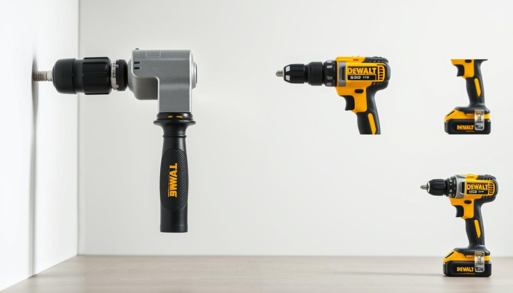 A well-lit, high-quality close-up photograph of a DEWALT right angle drill attachment displayed prominently on a clean, neutral background. The attachment is shown from various angles to highlight its robust and ergonomic design, with a focus on the swivel head, adjustable length, and precision grip. The image conveys a sense of quality, durability, and the tool's ability to provide improved access and control in tight spaces, perfectly aligning with the "Benefits of Using a Right Angle Attachment" section of the article.