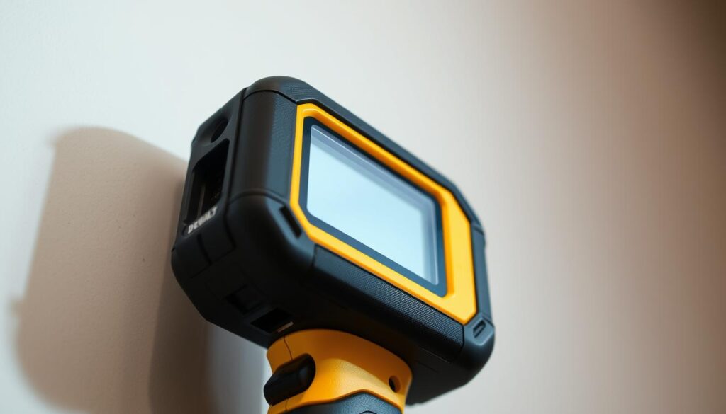 A well-lit, high-quality close-up photograph of a DEWALT stud finder device, showcasing its precision and accuracy. The stud finder is prominently displayed in the center of the frame, with a clean, minimalist background. The device's features, such as the LCD display and scanning sensors, are clearly visible, conveying a sense of technological sophistication. The lighting is soft and flattering, highlighting the sleek, sturdy design of the tool. The angle of the shot emphasizes the device's ergonomics and ease of use. The overall composition and attention to detail create a visually appealing and informative image that effectively communicates the advantages of using a DEWALT stud finder for accurate wall scanning.