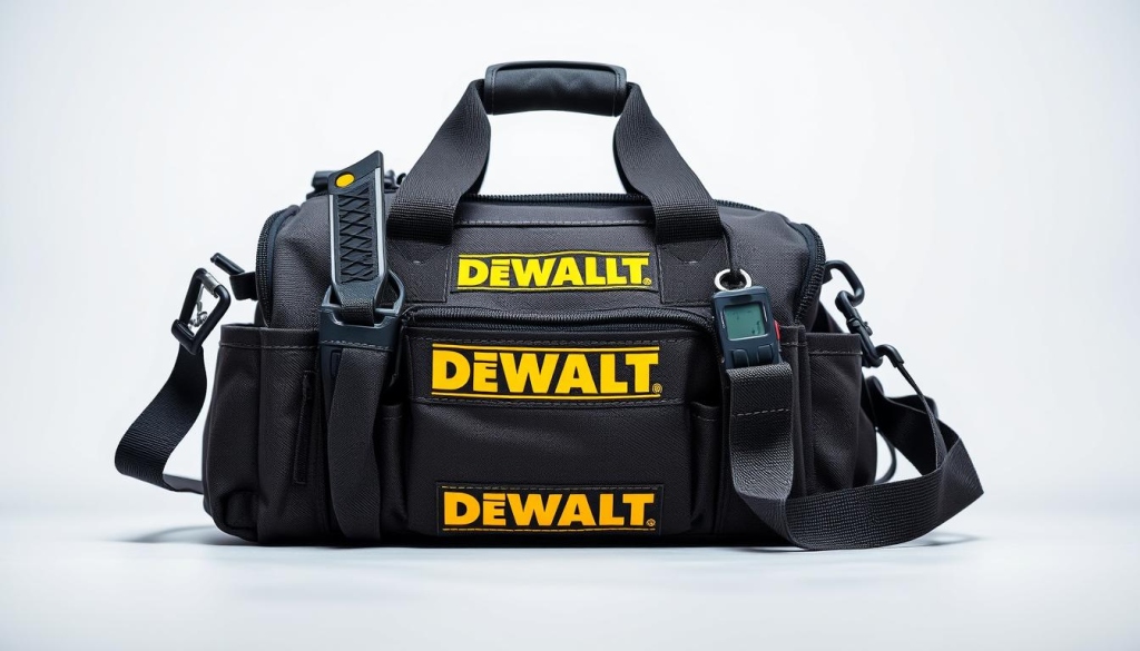 A well-lit, high-quality close-up photograph of a DEWALT tool bag showcasing its key features. The bag is placed on a simple, clean background, allowing the details to stand out. The camera captures the bag from an angle that highlights the sturdy construction, multiple pockets and compartments, and durable materials used. The lighting emphasizes the textures and quality of the bag, creating a sense of sturdiness and reliability. The overall composition conveys the professional, job-site-ready nature of the DEWALT tool bag, inviting the viewer to appreciate its practical design and craftsmanship.