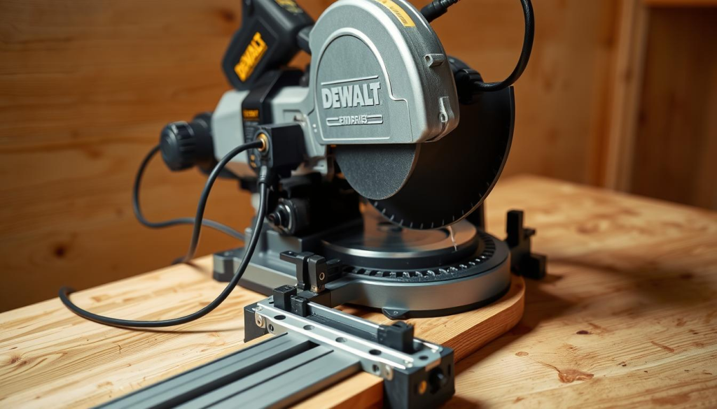 A well-lit, high-quality close-up photograph of a DEWALT track saw setup on a wooden workbench. The saw is positioned on the track, with the cord neatly routed and the guide rail firmly clamped to the surface. The scene is crisp and detailed, showcasing the saw's precision engineering and the thoughtful setup process. Soft shadows and highlights accentuate the tool's sleek design, while the wooden background adds a warm, natural touch. The overall mood is one of professional craftsmanship and attention to detail.