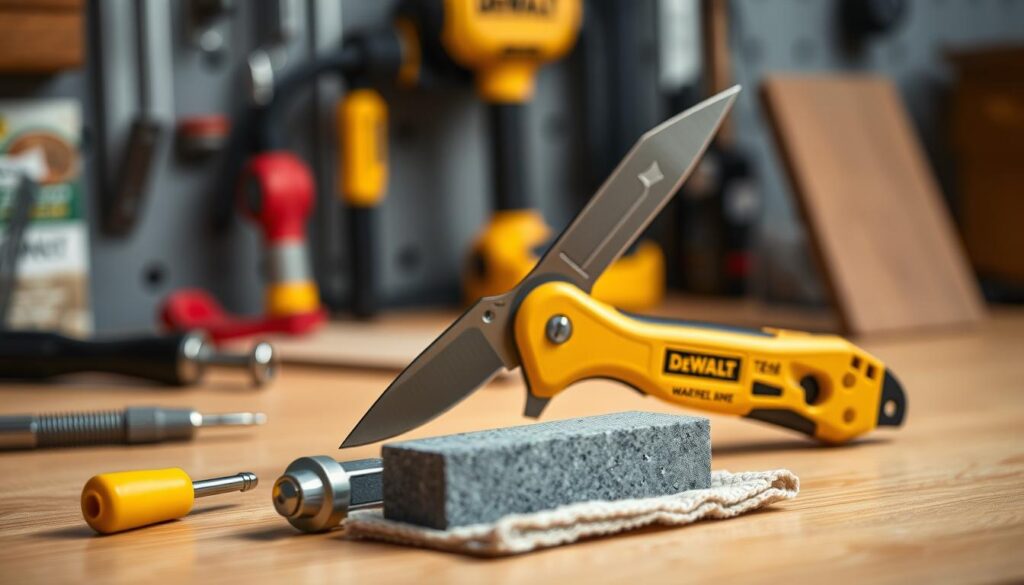 A well-lit, high-quality close-up photograph of a DEWALT utility knife on a clean, organized workbench. The knife is open, showcasing its sturdy steel blade and ergonomic handle. In the foreground, various maintenance tools are neatly arranged, including a small screwdriver, a sharpening stone, and a soft cloth. The background is blurred, emphasizing the focus on the knife and its upkeep. The scene conveys a sense of precision, care, and attention to detail, reflecting the importance of proper DEWALT knife maintenance.