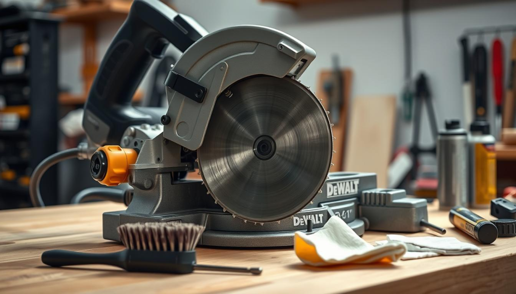 A well-lit, high-quality close-up photograph of a DeWalt 7-1/4" miter saw being carefully maintained. The saw is resting on a clean, organized workbench with various maintenance tools neatly arranged nearby, including a brush, a can of compressed air, a small screwdriver, and a clean cloth. The saw's blade and components are spotless, conveying a sense of precision and care. The lighting is soft and diffuse, highlighting the saw's sleek, industrial design. The overall atmosphere is one of diligence and attention to detail, reflecting the importance of proper maintenance for this versatile power tool.