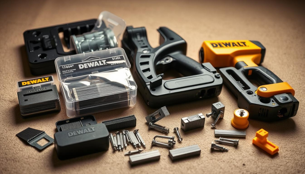 A well-lit, high-quality close-up photograph of a collection of DEWALT fence stapler accessories, including various types of staples, fasteners, and attachments, arranged neatly on a neutral-toned surface. The accessories are depicted with a focus on their materials, textures, and intricate details, showcasing their quality and functionality. The lighting is soft and diffused, creating a warm, inviting atmosphere that emphasizes the premium nature of the DEWALT brand. The overall composition is balanced and visually appealing, drawing the viewer's attention to the essential tools that complement the DEWALT fence stapler.