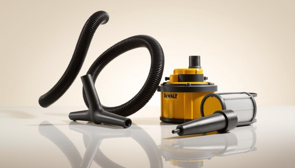 A well-lit, high-quality close-up photograph of a collection of DEWALT wet/dry vacuum accessories, including a flexible hose, crevice tool, utility nozzle, and filter cartridge, arranged neatly on a flat, reflective surface. The accessories are rendered in crisp detail, showcasing their sturdy construction and sleek, modern design. The lighting is soft and directional, casting subtle shadows that accentuate the three-dimensional forms. The background is a clean, neutral color that allows the accessories to take center stage, highlighting their functionality and versatility for a variety of cleaning tasks.