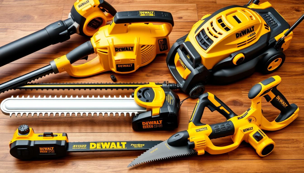 A well-lit, high-quality close-up photograph of a comprehensive DEWALT yard tool set, consisting of a cordless leaf blower, a hedge trimmer, a string trimmer, a lawnmower, and a pruning saw, all neatly arranged on a wooden surface. The tools have a sleek, modern design with the iconic DEWALT yellow and black color scheme. The image should convey a sense of power, efficiency, and versatility, showcasing the capabilities of this professional-grade yard tool collection.