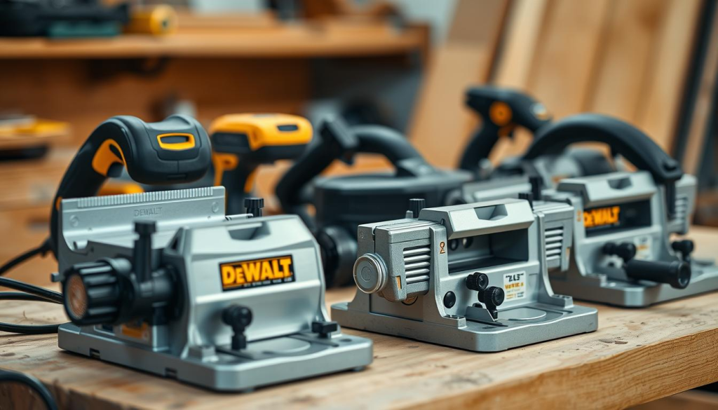 A well-lit, high-quality close-up photograph of several DEWALT jointers and power tools on a wooden workbench. The jointers are shown in detail, revealing their sturdy construction, precision blades, and user-friendly controls. The tools are arranged in an aesthetically pleasing composition, with a soft, diffused lighting that highlights their metallic finishes and creates a sense of depth. The background is slightly blurred, creating a focus on the jointers and conveying a professional, workshop-like atmosphere.