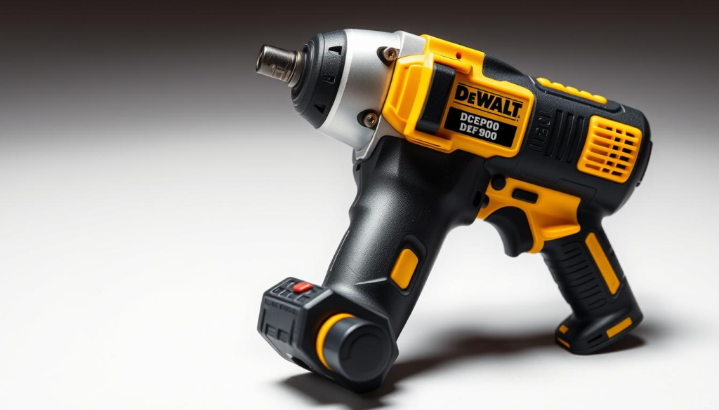 A well-lit, high-quality close-up photograph of the DEWALT DCEF900 impact wrench, showcasing its sleek black and yellow design, durable construction, and prominent DEWALT branding. The wrench is positioned on a clean, neutral background, allowing the product to be the focal point. The lighting is soft and evenly distributed, highlighting the tool's textural details and creating a sense of depth and dimension. The camera angle is slightly elevated, providing a perspective that emphasizes the wrench's power and professional-grade quality. The overall mood is one of precision, reliability, and a focus on the user experience and practical performance of this essential power tool for automotive and industrial applications.