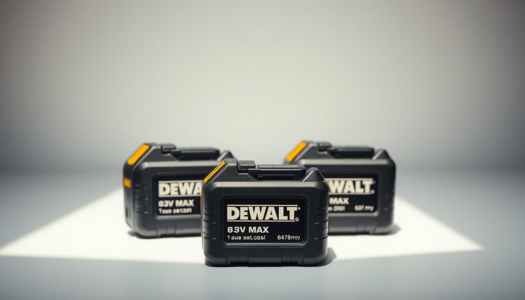 A well-lit, high-quality close-up photograph of three DEWALT 8V MAX batteries in a clean, minimalist studio setting. The batteries are arranged in a visually pleasing, symmetrical composition, with the central battery slightly elevated. The lighting is natural and diffused, casting soft shadows and highlighting the sleek, black design of the batteries. The image has a crisp, detailed focus, allowing the viewer to clearly see the branding, battery capacity, and other technical specifications. The overall mood is professional, informative, and showcases the key differences between the DEWALT 8V MAX battery and competing products.