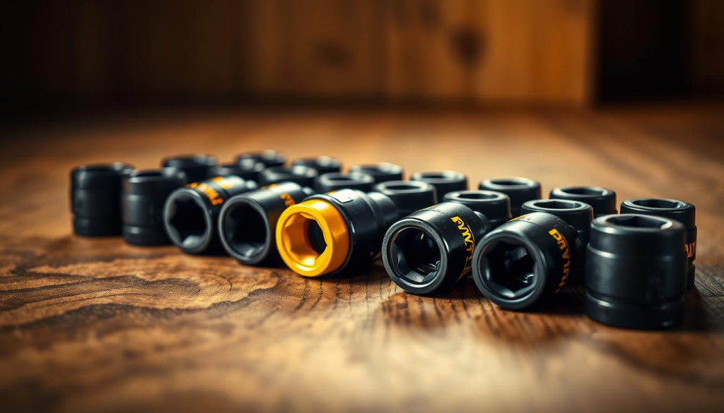 A well-lit, high-quality close-up shot of a DEWALT impact socket set arranged neatly on a textured wooden surface. The sockets are positioned in a visually appealing layout, showcasing their sleek black and yellow color scheme. The image has a sharp focus, capturing the intricate details and sturdy construction of the sockets. The lighting is soft and diffused, creating a warm, inviting atmosphere that highlights the professional-grade quality of the DEWALT tools. The background is slightly blurred, keeping the attention on the main subject.
