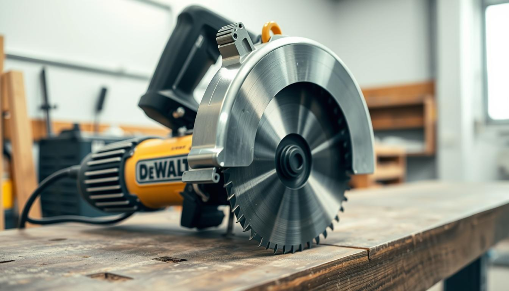A well-lit, high-quality close-up shot of a DEWALT metal cutting saw in a professional workshop setting. The saw is positioned on a sturdy workbench, with a clean, uncluttered background. The brushed metal finish of the saw's body and blade gleams under the soft, even lighting. The blade's teeth are sharp and precisely aligned, conveying the tool's cutting power and precision. The saw's controls and handles are clearly visible, allowing the viewer to appreciate the ergonomic design. The overall composition emphasizes the saw's robust construction, attention to detail, and suitability for demanding metalworking tasks.