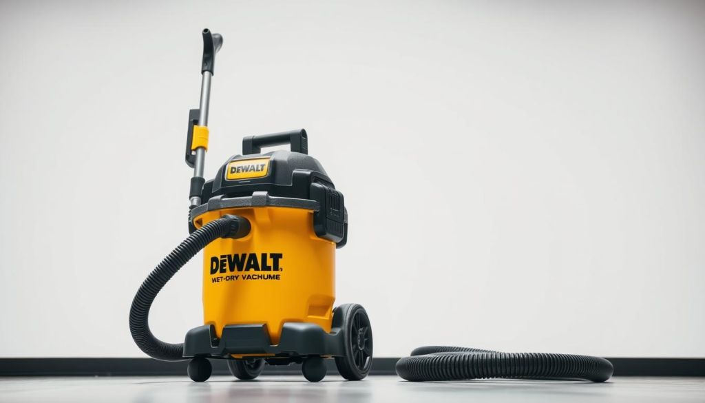 A well-lit, high-quality close-up shot of a DEWALT wet/dry vacuum cleaner, showcasing its sleek and robust design. The vacuum is positioned prominently in the foreground, with a clean, neutral background that allows the product to take center stage. The lighting is soft and diffused, highlighting the machine's sturdy construction and attention to detail. The image conveys a sense of reliability, durability, and professional-grade performance, reflecting the DEWALT brand's reputation for quality tools and equipment.