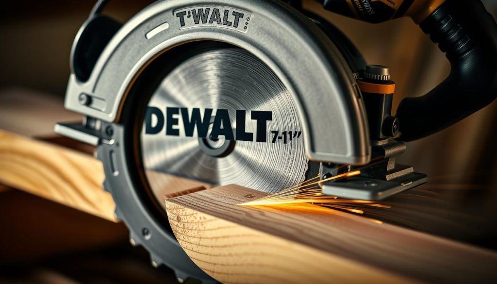 A well-lit, high-quality close-up shot of a DeWalt 7-1/4" circular saw in action, cutting through a wooden plank with precision and power. The saw's blade is sharply visible, surrounded by a sturdy metal housing and ergonomic handle. The wooden plank shows clean, uniform cuts, highlighting the saw's impressive performance. The background is softly blurred, keeping the focus on the saw's operation. The overall mood is one of professional-grade reliability and cutting efficiency.