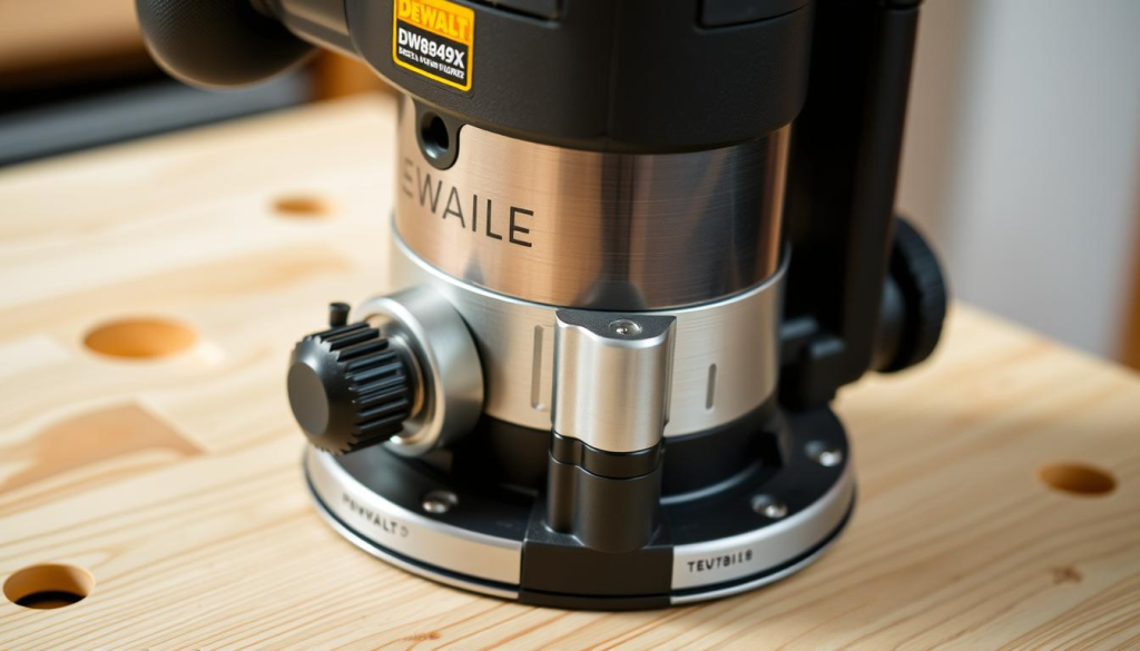 A well-lit, high-quality close-up shot of a Dewalt DWP849X plunge router, showcasing its various components and maintenance points. The router is placed on a clean, wooden workbench, with a soft, even lighting illuminating its brushed metal and black plastic surfaces. The focus is sharp, capturing intricate details such as the router's collet, depth adjustment knob, and power switch. The composition emphasizes the router's design, inviting the viewer to explore its features and understand how to properly maintain and care for this versatile woodworking tool.