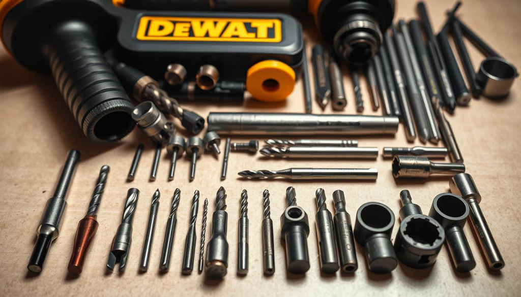 A well-lit, high-quality close-up shot of a diverse selection of DeWalt hammer drill accessories arranged neatly on a clean, neutral-colored surface. The accessories include various drill bits, countersinks, spade bits, masonry bits, hole saws, and other essential tools for a range of drilling and fastening tasks. The lighting emphasizes the shiny, metallic finishes and intricate details of the accessories, conveying a sense of precision and professionalism. The overall composition is balanced and visually appealing, highlighting the versatility and quality of the DeWalt hammer drill accessories.