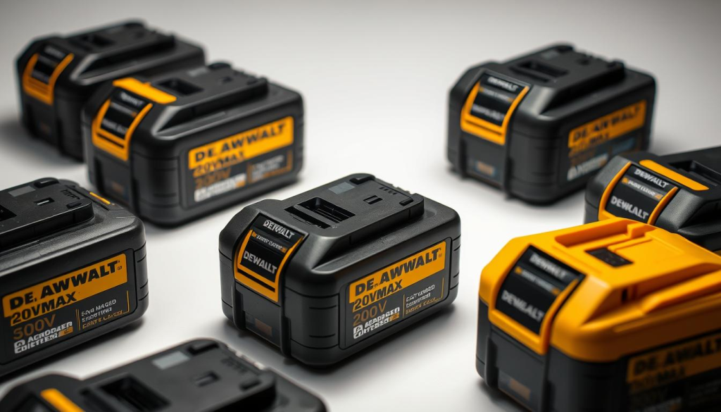 A well-lit, high-quality close-up shot of several DEWALT 20V MAX cordless tool batteries arranged in a visually appealing composition. The batteries are shown in various states of charge, some fully charged with vibrant blue accents, others partially discharged with more subtle tones. The background is clean and uncluttered, allowing the batteries to be the focal point. The lighting is soft and diffused, creating a sense of depth and highlighting the textures and details of the batteries. The camera angle is slightly elevated, providing a clear, detailed view of the batteries' form and features. The overall mood is professional, modern, and showcases the reliability and performance of the DEWALT 20V MAX battery system.