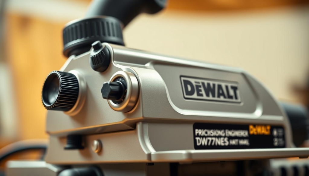 A well-lit, high-quality close-up shot of the Dewalt DW735x thickness planer, showcasing its rugged, precision-engineered design. The sturdy metallic body glistens under soft, directional lighting, highlighting the tool's clean lines and robust construction. The planer's depth adjustment knob, feed rollers, and dust collection port are prominently featured, conveying the machine's attention to detail and functional design. The background is pleasantly blurred, maintaining the focus on the planer's thoughtful, utilitarian aesthetic. The image radiates a sense of reliability, power, and professional-grade craftsmanship, capturing the essence of the Dewalt brand and the quality expected in a workshop-grade thickness planer.