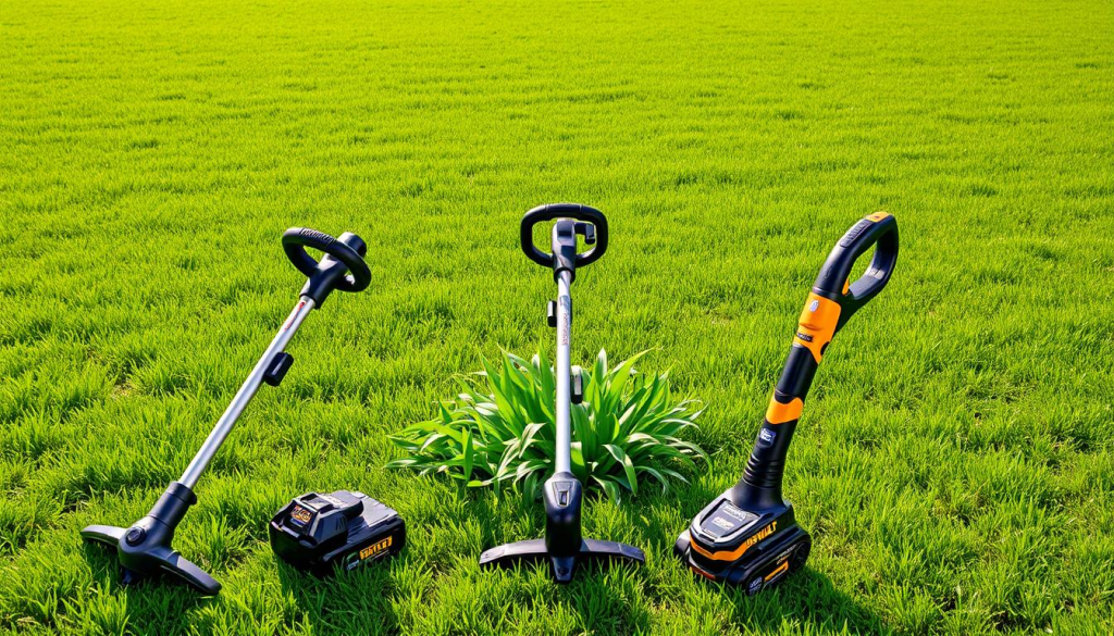 A well-lit, high-quality comparison of three cordless grass trimmers against a backdrop of a lush, verdant lawn. The trimmers, prominently displayed in the foreground, should showcase their distinct designs, sizes, and controls, allowing for a detailed side-by-side evaluation. The middle ground should feature a range of grass and weeds, highlighting the versatility and power of the trimmers. The background should depict a serene, natural setting, with soft shadows and highlights that create a sense of depth and atmosphere. The overall composition should convey a professional, informative tone, suitable for an article on the DEWALT 60V Trimmer's capabilities compared to its competitors.