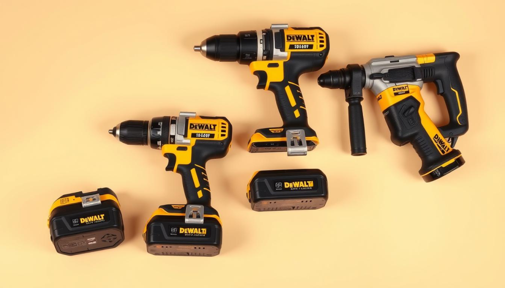A well-lit, high-quality, detailed photograph of an assortment of DeWalt power tools, including a cordless drill, impact driver, and rotary hammer, arranged on a clean, neutral-colored background. The tools should be positioned in a visually pleasing, symmetrical layout, showcasing their distinctive yellow and black color scheme and sleek, modern design. The lighting should be natural and evenly distributed, highlighting the tools' premium construction and advanced features. The overall mood should convey a sense of professionalism, reliability, and the high-performance capabilities of the DeWalt brand.