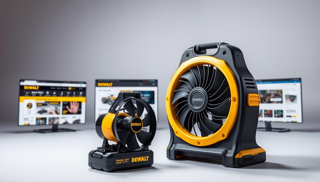 A well-lit, high-quality e-commerce product showcase featuring the DEWALT 20V cordless fan. The fan is prominently displayed in the foreground, its sleek black and yellow design accentuated by studio lighting. In the middle ground, various online retail websites are shown, each displaying the fan for sale. The background features a clean, minimalist setting with subtle gradients or textures to create depth and emphasis on the subject. The overall mood is professional, informative, and geared towards showcasing the fan's availability through trusted online retailers.