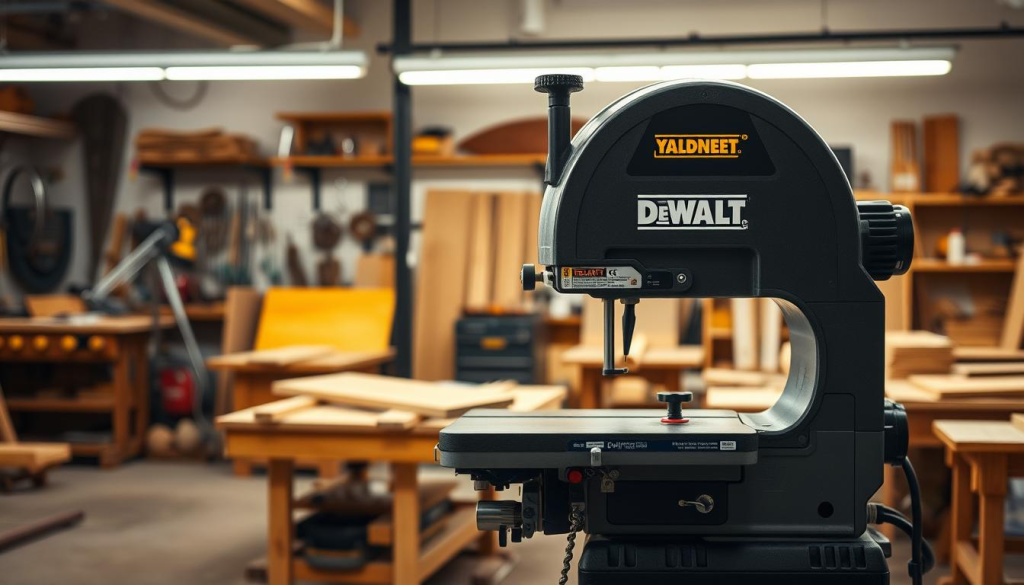 A well-lit, high-quality image of a DEWALT bandsaw in a professional woodworking workshop. The bandsaw is prominently displayed in the foreground, its powerful blade and precision-engineered components captured in crisp detail. The middle ground showcases various woodworking tools and materials, creating a sense of a fully-equipped workspace. The background features a clean, organized environment with a neutral color palette, allowing the bandsaw to be the focal point. The lighting is balanced, with a combination of natural and artificial sources, creating a warm, inviting atmosphere. The camera angle is slightly elevated, providing a clear, unobstructed view of the bandsaw's key features.