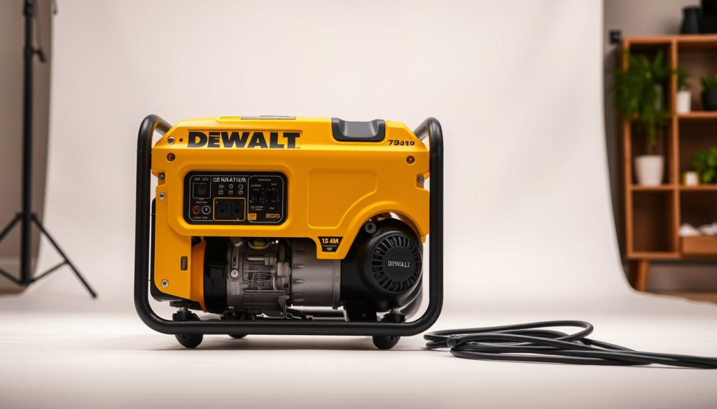 A well-lit, high-quality image of a DEWALT generator prominently displayed in the foreground, showcasing its durable construction, control panel, and power output specifications. The generator is set against a clean, professional background, such as a neutral-colored studio setup or a home interior setting, to highlight its versatility and suitability for both commercial and residential use. The image should convey a sense of reliability, efficiency, and the generator's ability to provide dependable power on demand.
