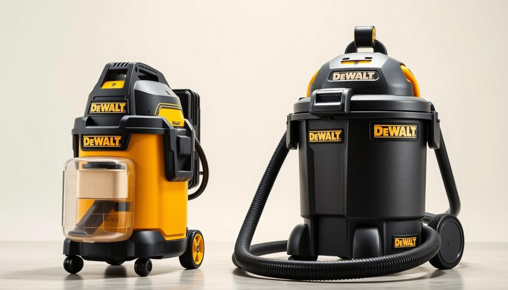 A well-lit, high-quality image showcasing a side-by-side comparison of two DEWALT shop vacs. The left vac is the smaller portable model, featuring a sleek black and yellow design with a transparent dust collection bin. The right vac is the larger, more powerful workshop model, with a rugged, industrial aesthetic and a large-capacity tank. The image is captured from a slightly elevated angle, allowing the viewer to clearly see the size, features, and distinctive design elements of each vacuum. The scene is set against a clean, neutral background, with soft, directional lighting that accentuates the form and materials of the vacuums. The overall mood is one of professionalism, functionality, and quality, reflecting the high standards of the DEWALT brand.
