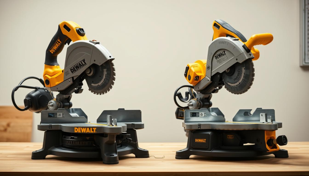 A well-lit, high-quality image showcasing two DEWALT chop saws side-by-side, their blades gleaming under bright studio lighting. The saws are positioned on a clean, neutral-colored workbench, allowing the viewer to focus on the detailed features and differences between the models. The image should capture the precision, power, and reliability that are hallmarks of the DEWALT brand, conveying the benefits of using a DEWALT chop saw for accurate, efficient cutting in a variety of woodworking projects.