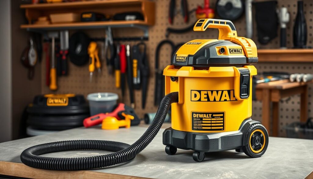 A well-lit, high-quality photo of a DEWALT cordless shop vac, showcasing its robust construction and powerful performance. The vac is placed on a clean, organized workbench, surrounded by various workshop tools and accessories. Soft shadows and subtle highlights accentuate the machine's sleek, utilitarian design. The image conveys the vac's versatility and suitability for real-world workshop applications, reflecting the reliable cleaning power and durability associated with the DEWALT brand.