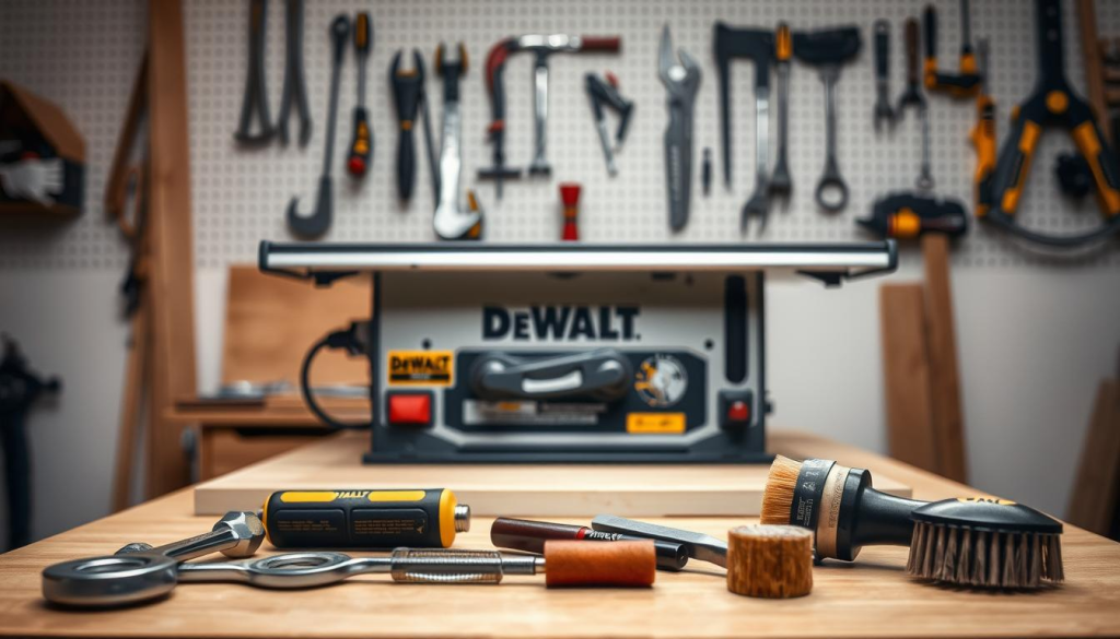 A well-lit, high-quality photograph of a DEWALT 10-inch table saw undergoing routine maintenance. The saw is positioned in the center of the frame, with the tabletop and blade guard in sharp focus. In the foreground, various maintenance tools such as a wrench, screwdriver, and cleaning brush are neatly arranged, suggesting a methodical approach. The background features a clean, uncluttered workshop setting, with a pegboard wall displaying additional tools. Soft, directional lighting casts subtle shadows, emphasizing the saw's contours and mechanical details. The overall composition conveys a sense of care, attention to detail, and the importance of regular maintenance for ensuring the longevity and performance of this reliable woodworking tool.