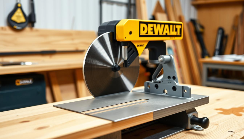A well-lit, high-quality photograph of a DEWALT 20-inch variable speed bandsaw, positioned at a 45-degree angle on a clean wooden workbench. The bandsaw has a sturdy metal frame, a powerful 15-amp motor, and a large 4-inch-by-6-inch blade guard. The blade is sharp and gleaming, ready for precise, smooth cuts through a variety of woodworking materials. The scene conveys a sense of professional-grade craftsmanship and attention to detail, highlighting the bandsaw's key features and capabilities.
