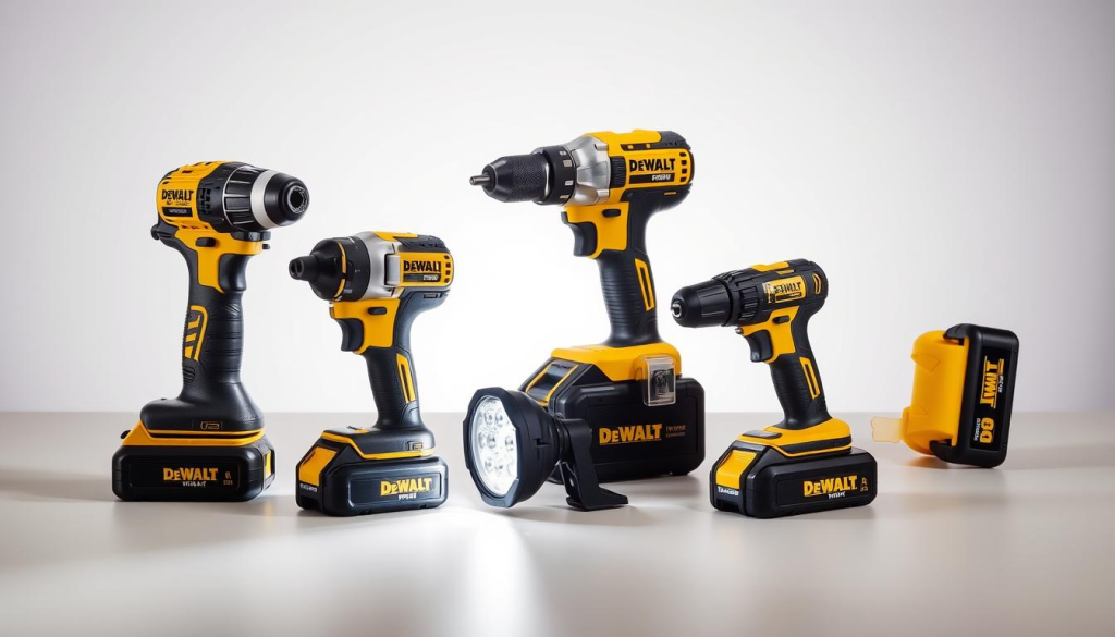 A well-lit, high-quality photograph of a DEWALT 20V MAX Cordless Combo Kit displayed on a clean, neutral-colored surface. The kit is composed of a powerful drill, impact driver, oscillating multi-tool, and LED work light, each showcasing their distinct designs and features. The arrangement creates a visually appealing, symmetrical composition that highlights the versatility and functionality of the combo kit. The lighting is soft and diffused, with subtle shadows that accentuate the textures and details of the tools. The image conveys a sense of professional-grade quality, durability, and the advantages of having a comprehensive set of DEWALT power tools for a wide range of DIY and home improvement tasks.