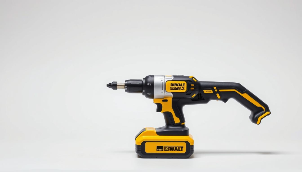 A well-lit, high-quality photograph of a DEWALT 20V MAX Cordless Ratchet set against a clean, minimalist background. The ratchet is positioned prominently in the foreground, showcasing its sleek black and yellow design, with clear visibility of the 20V battery and the "DEWALT" branding. The background is a plain white or light gray, allowing the tool to be the main focus. The lighting is soft and even, accentuating the details and textures of the ratchet. The camera angle is slightly elevated, providing a clean, professional-looking perspective. The overall mood is one of quality, reliability, and attention to detail, reflecting the subject of the article's section on pricing and availability.