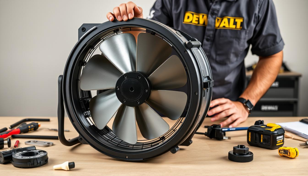 A well-lit, high-quality photograph of a DEWALT 20V MAX Jobsite Fan being maintained by a technician. The fan is disassembled on a clean, organized workbench, with various tools and replacement parts nearby. The technician, wearing a DEWALT branded shirt, is closely inspecting the fan's interior components, such as the motor, blades, and housing. The lighting is soft and diffused, highlighting the intricate details of the fan's construction. The background is a neutral, non-distracting workspace, allowing the viewer to focus on the maintenance process. The overall scene conveys a sense of professionalism, attention to detail, and the importance of proper maintenance for optimizing the performance and longevity of the DEWALT fan.
