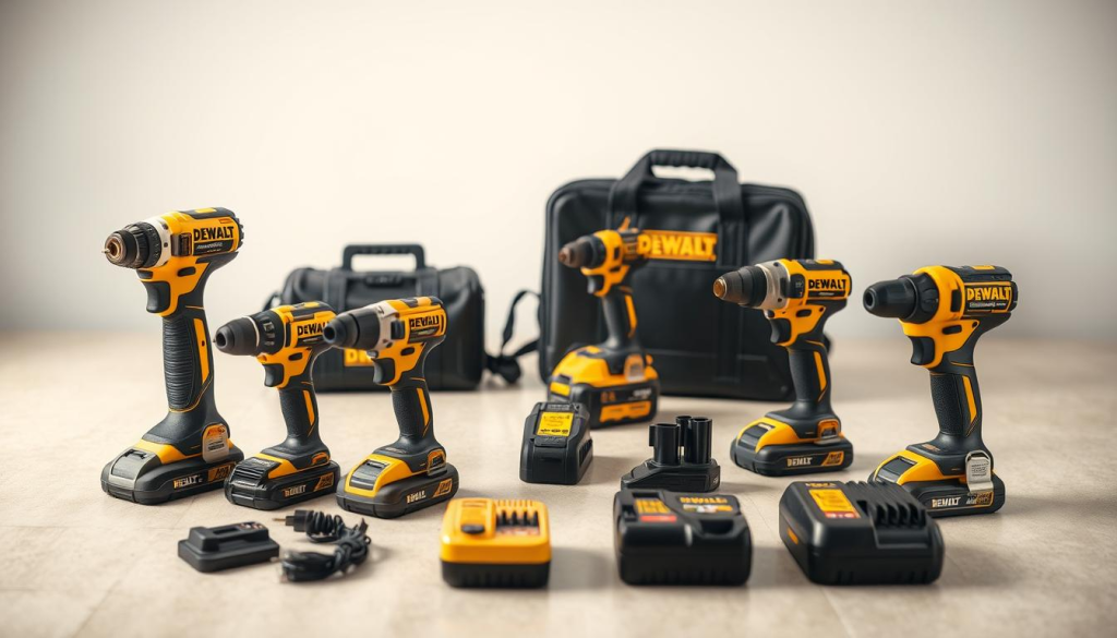 A well-lit, high-quality photograph of a DEWALT 20V cordless power tool combo kit. The kit is displayed on a clean, neutral-colored surface, with the individual tools and accessories arranged neatly in the foreground. The focus is sharp, and the lighting is soft and even, highlighting the sleek, professional design of the DEWALT tools. The background is slightly blurred, creating a sense of depth and drawing the viewer's attention to the main subject. The overall mood is one of precision, efficiency, and the high-performance capabilities of the DEWALT 20V system.