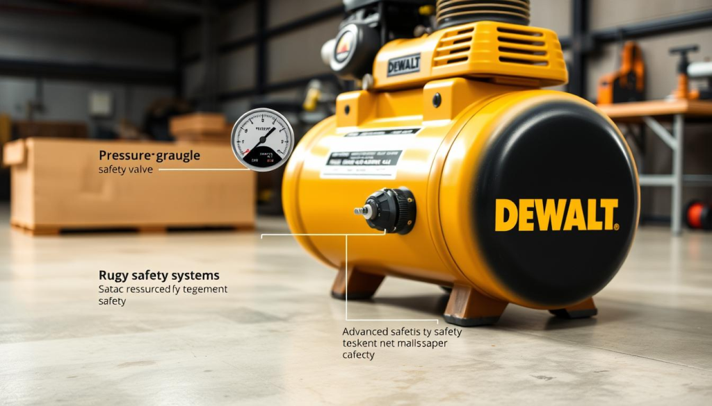 A well-lit, high-quality photograph of a DEWALT 60 gallon air compressor showcasing its key safety features. The compressor is placed on a clean, uncluttered surface, allowing the viewer to focus on its design elements. In the foreground, the pressure gauge, safety valve, and other control mechanisms are prominently displayed, highlighting the advanced safety systems. The mid-ground features the large, rugged tank with clear indications of its capacity. In the background, a subtle industrial setting, such as a workshop or garage, provides context. The overall mood is one of precision, reliability, and attention to safety, reflecting the product's intended use.