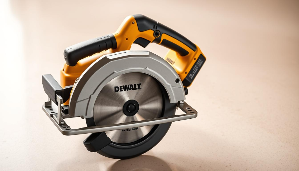 A well-lit, high-quality photograph of a DEWALT 60V circular saw, captured from a slightly elevated perspective to showcase its sleek, sturdy design. The saw is positioned on a clean, neutral-toned surface, allowing the details of the tool to take center stage. The image should convey a sense of precision, reliability, and the overall user experience, reflecting the section title "User Experience and Feedback." The lighting should be soft and diffused, creating a harmonious, professional atmosphere that highlights the saw's features and quality craftsmanship.