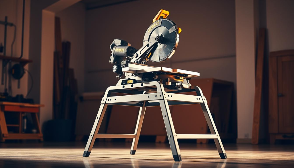 A well-lit, high-quality photograph of a DEWALT compact miter saw stand in a professional workshop setting. The stand is made of sturdy metal with a sleek, modern design, featuring adjustable legs and a large, stable work surface. The miter saw is securely mounted on the stand, with the blade and controls clearly visible. The scene is bathed in warm, directional lighting, creating dynamic shadows and highlights that emphasize the tool's precision engineering. The background is clean and uncluttered, allowing the miter saw stand to be the focal point, showcasing its efficient and space-saving capabilities.
