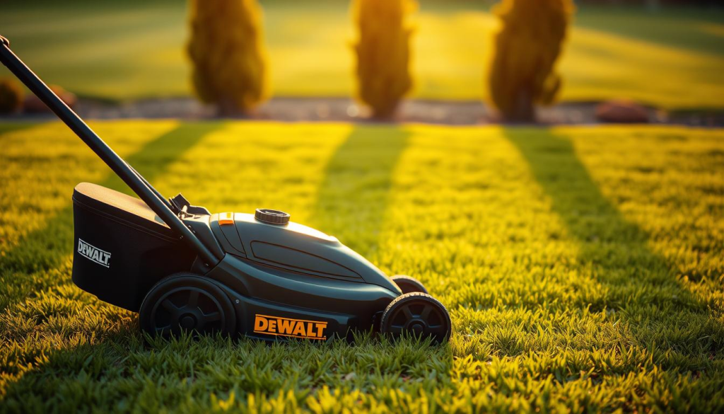 A well-lit, high-quality photograph of a DEWALT electric lawn mower on a manicured lawn, with a warm, golden afternoon light illuminating the scene. The mower is prominently displayed in the foreground, its sleek black and yellow design gleaming. In the middle ground, the lush green grass stretches out, creating a sense of depth and scale. The background features a few trees or shrubs, providing a natural and tranquil setting. The image should convey a sense of efficiency, power, and ease of use, showcasing the mower's ability to effectively and effortlessly maintain a well-groomed yard.