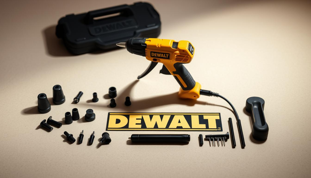 A well-lit, high-quality photograph of a DEWALT glue gun kit, showcasing the brand's reputation for reliable, professional-grade tools. The kit is positioned on a clean, neutral-colored surface, with the DEWALT logo prominently displayed. The glue gun is the central focus, surrounded by various attachments and accessories, all neatly arranged to emphasize the kit's comprehensiveness and attention to detail. The lighting is soft and diffused, creating a warm, inviting atmosphere that highlights the quality of the DEWALT brand. The camera angle is slightly elevated, allowing the viewer to appreciate the sleek, modern design of the kit. The overall impression conveys a sense of dependability, craftsmanship, and the DEWALT brand's commitment to delivering exceptional products for DIY and professional use.